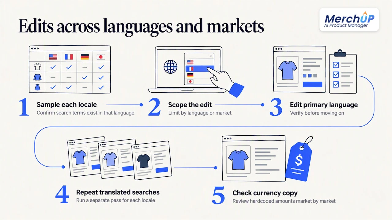 Find-and-replace across multi-language and multi-currency stores — overview diagram