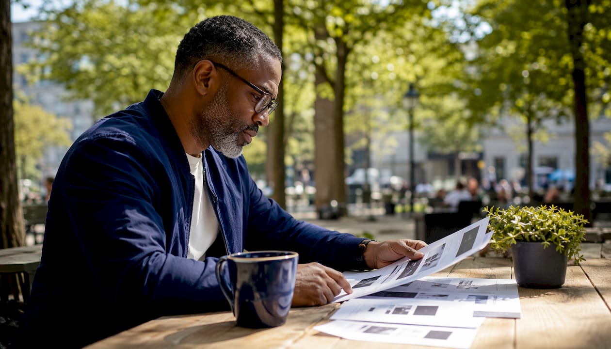 Man reviewing keyword placement notes at office desk