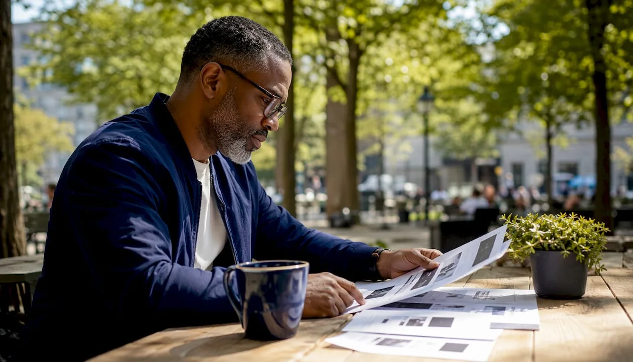 Man reviewing keyword placement notes at office desk