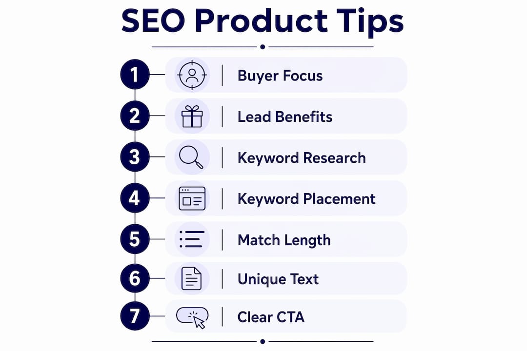Infographic illustrating SEO product description steps