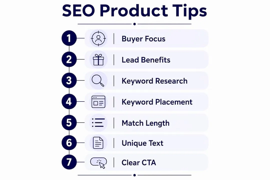 Infographic illustrating SEO product description steps