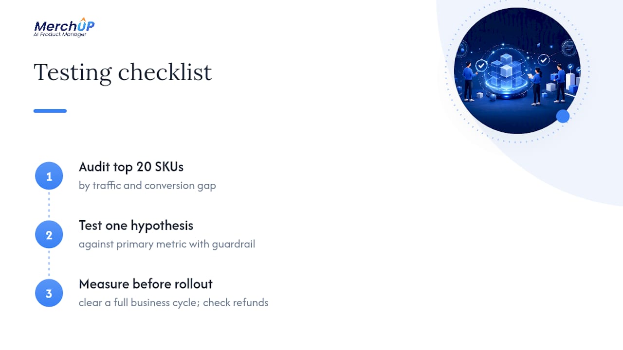 Three-step product description testing workflow