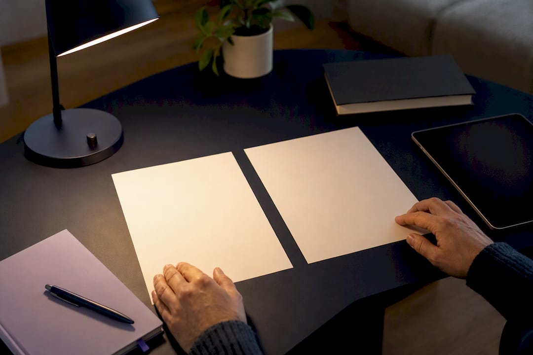 Hands comparing rewrite sample sheets
