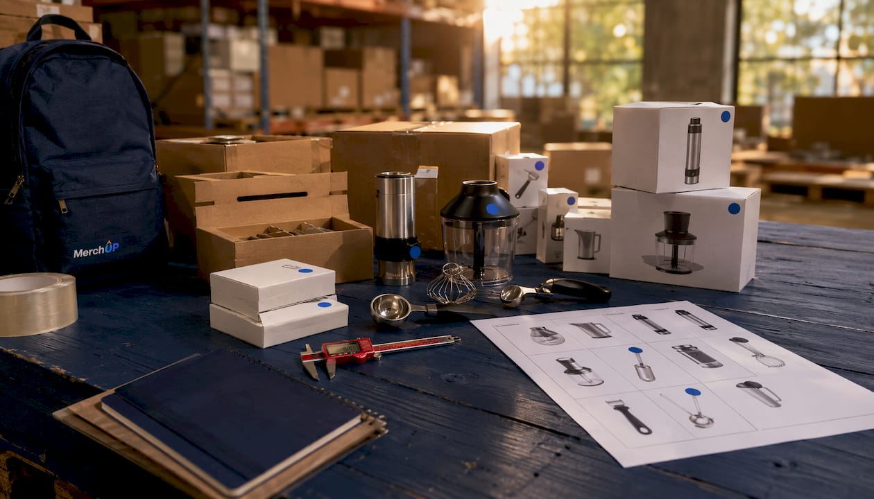Warehouse flat-lay of product packaging and tools