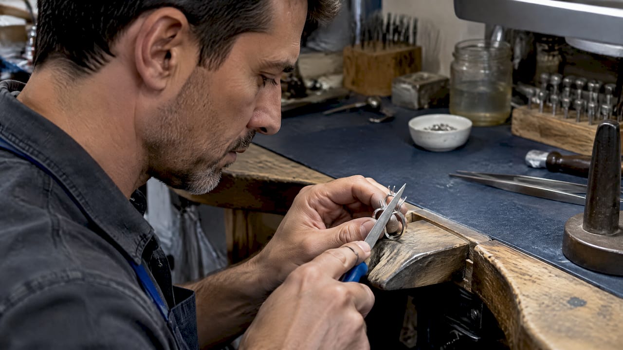 Jeweler hand-filing a ring prong