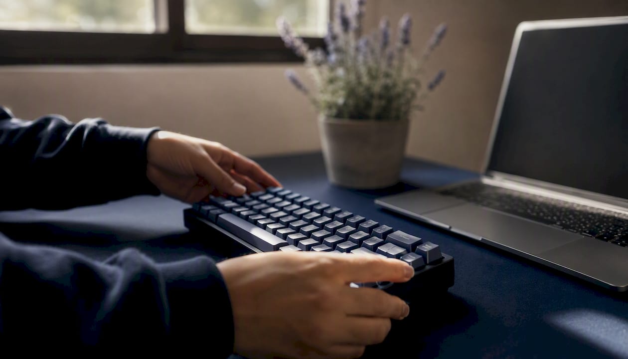 Hands near laptop and keyboard on modern desk