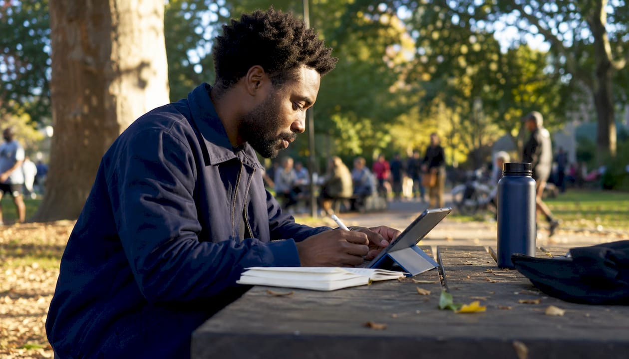 Focused man writing copy addressing pain points