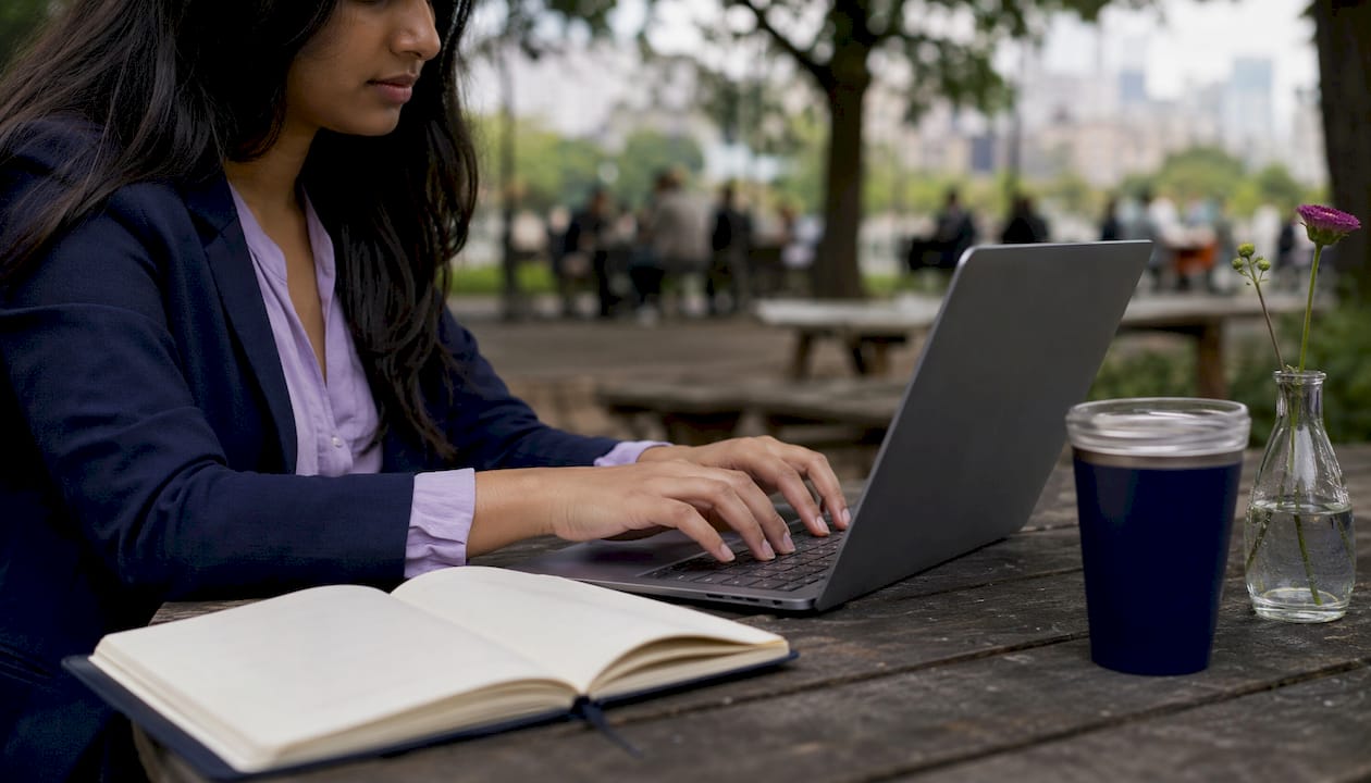 Hands typing on laptop showing tech benefit examples