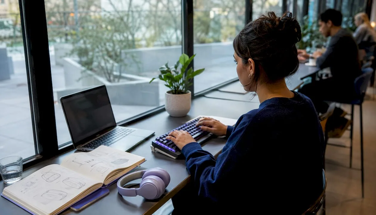 Hands typing product descriptions aided by AI