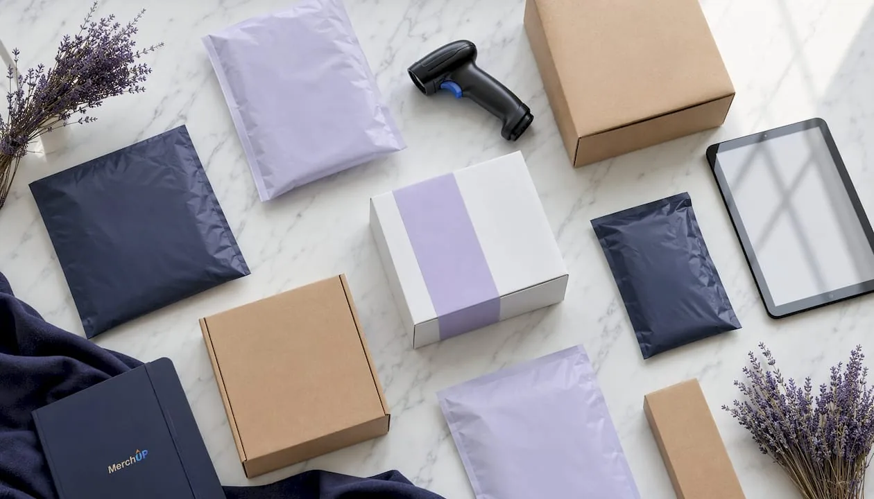 Flat lay of ecommerce product packaging with tech devices