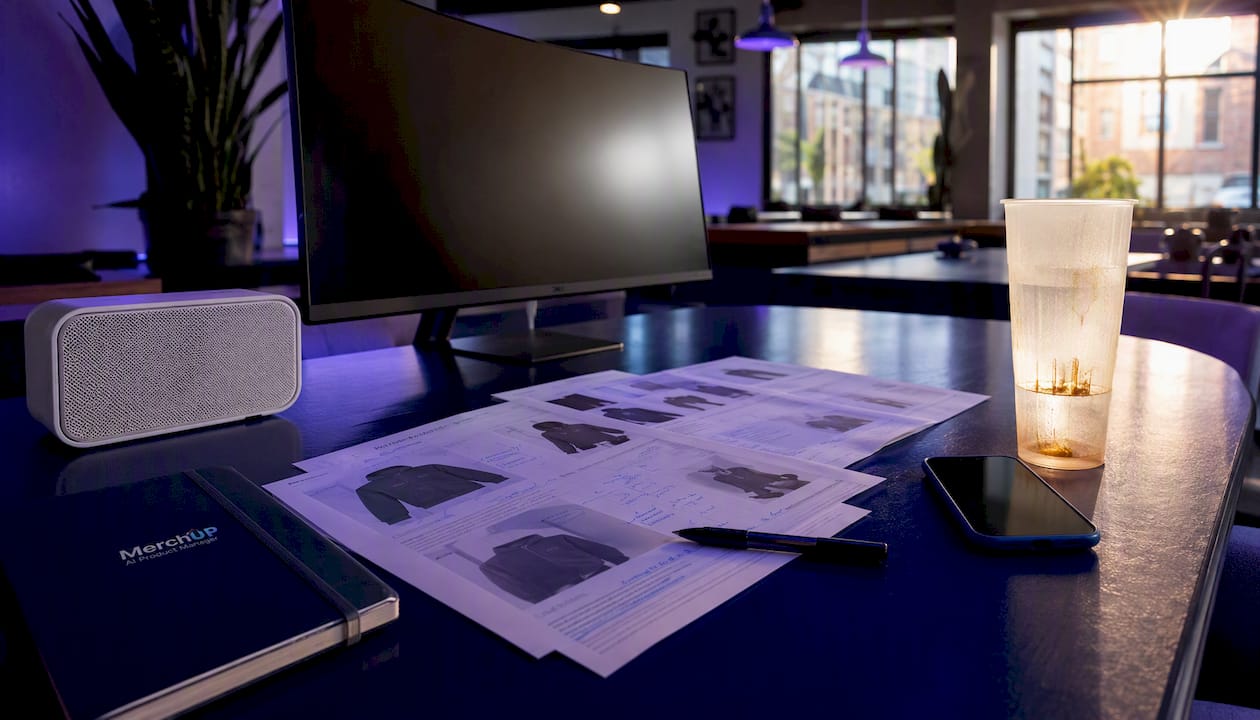 Home office scene with product description printouts and device