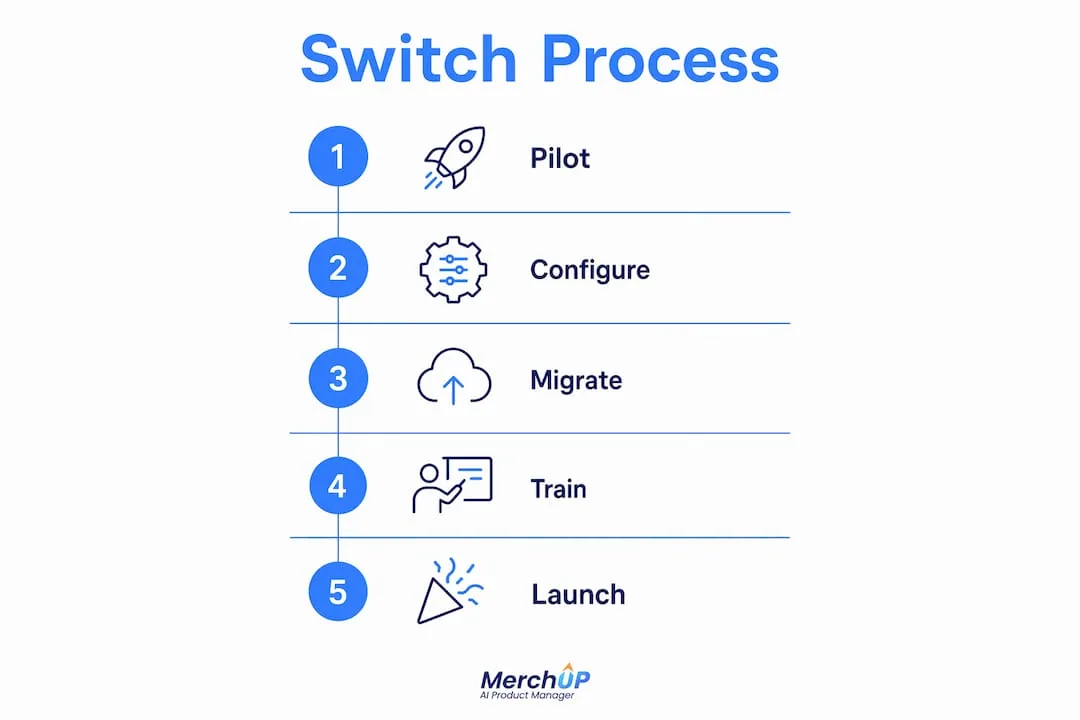 Infographic showing ecommerce tool switching steps