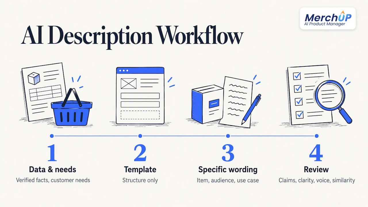 Workflow from product data to reviewed copy