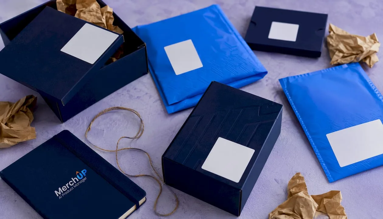 Flat-lay of eCommerce product packaging on blue background