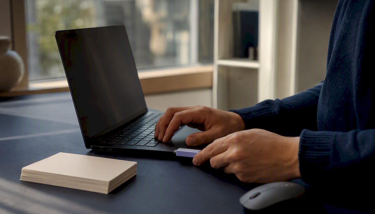 Hands unplugging USB drive on navy desk