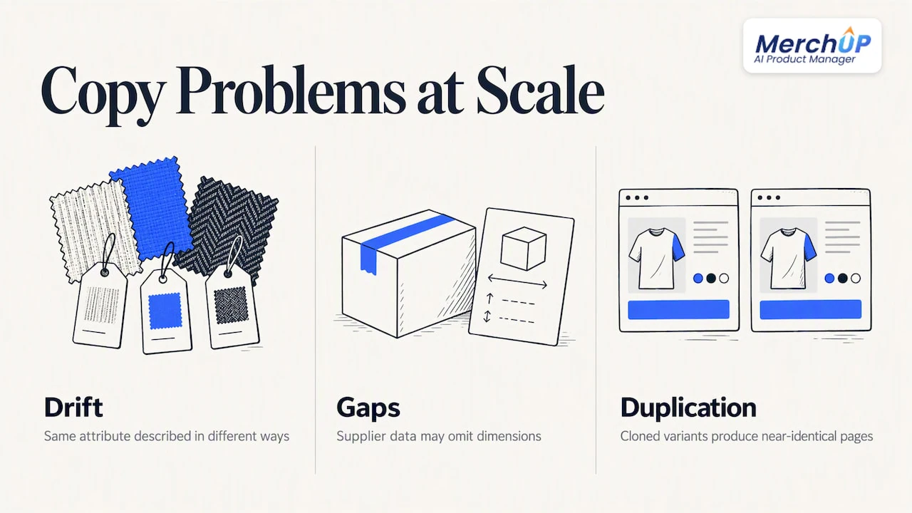 Why copy breaks down as the catalogue grows — overview diagram