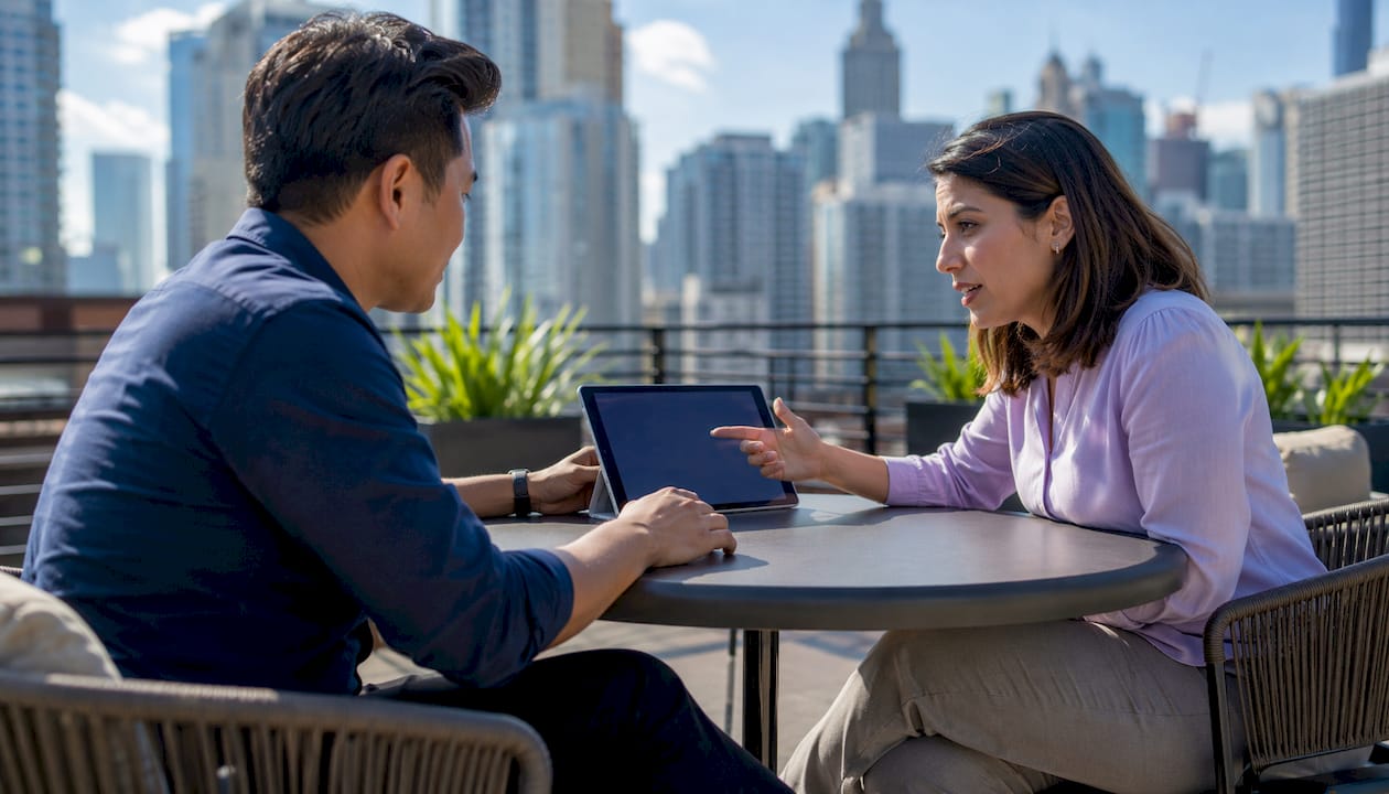 Colleagues discussing benefits-driven sales messaging