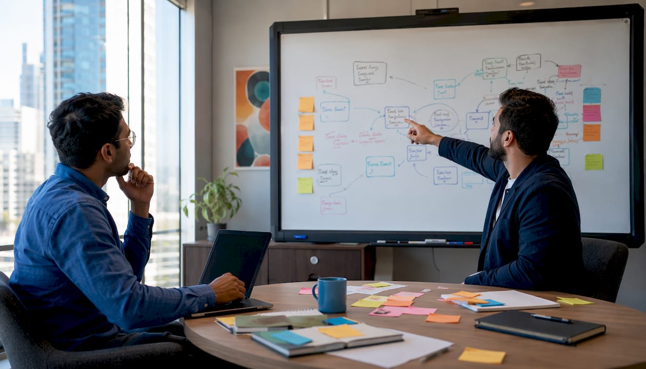 Two men discussing product and content management systems