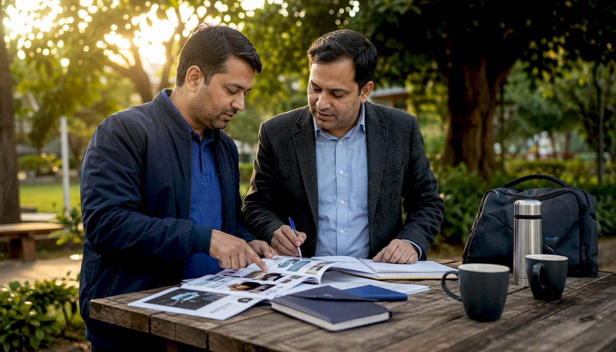 Two men collaborating on eCommerce content review