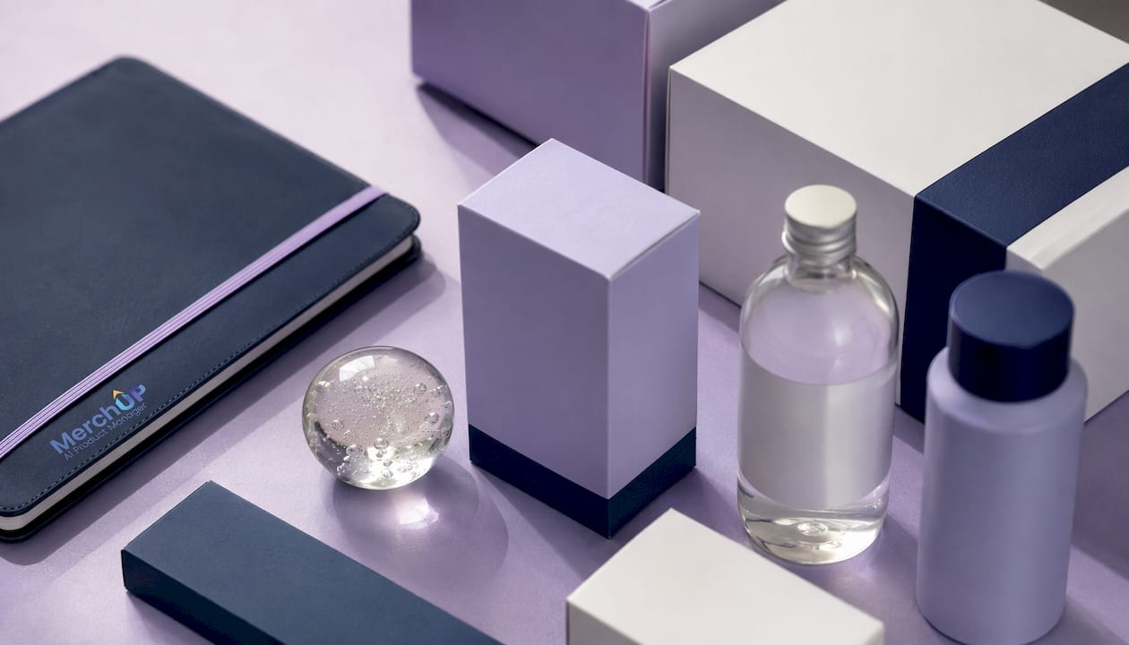 Flat-lay of ecommerce product packaging on navy background