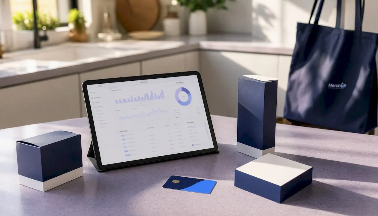 Overhead view of ecommerce credit dashboard with product boxes