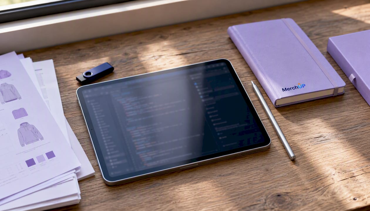 Overhead view of Shopify HTML editor with pen and keyboard