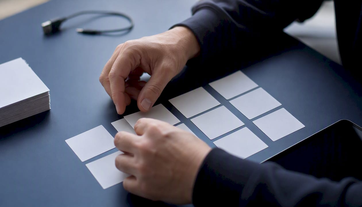 Hands sorting blank label cards on table