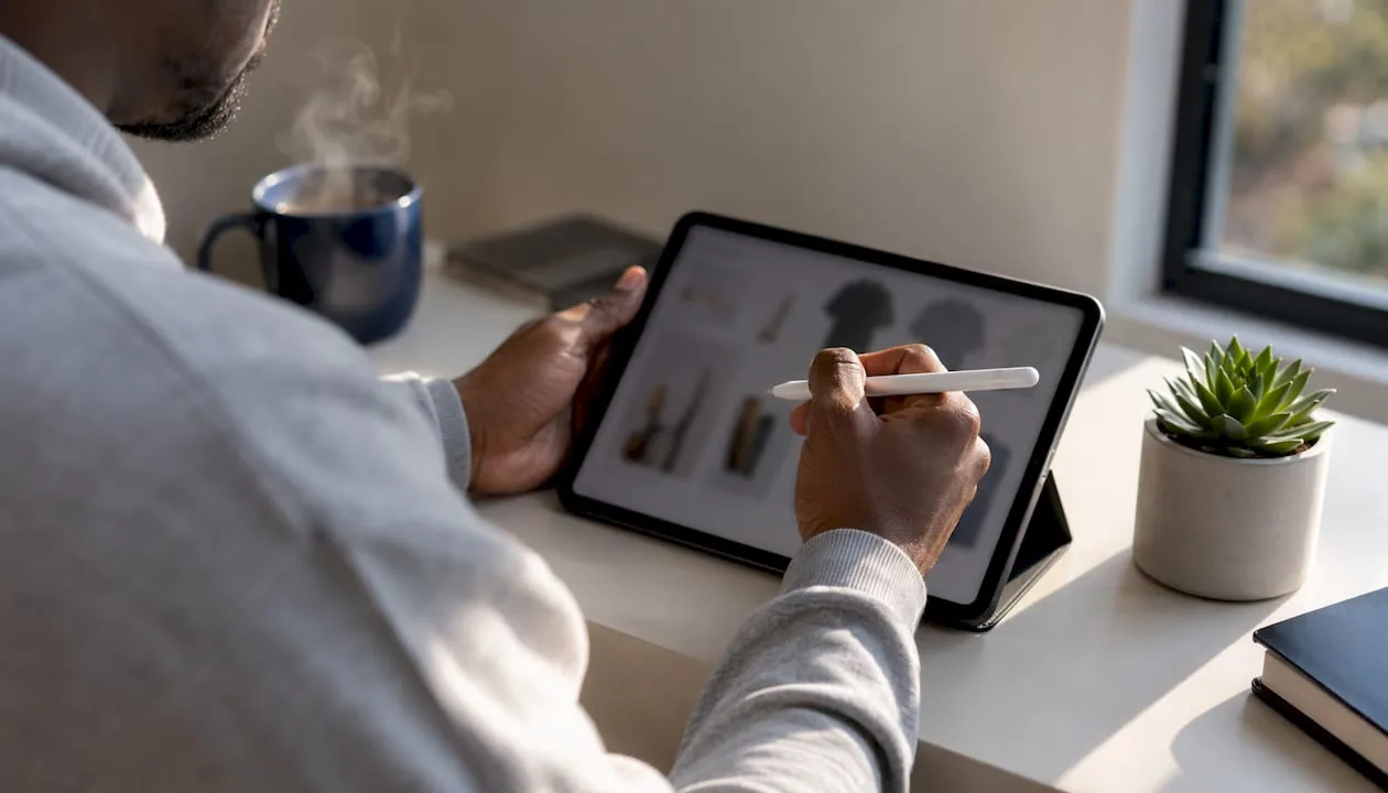 Hands editing ecommerce product templates on tablet